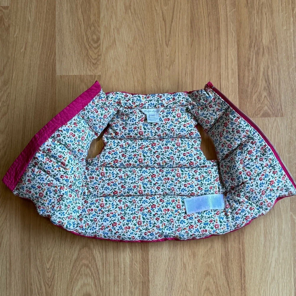 EUC Ralph Lauren Baby Girl Down Filled Puffer Vest-Pink + Colorful Floral Lining